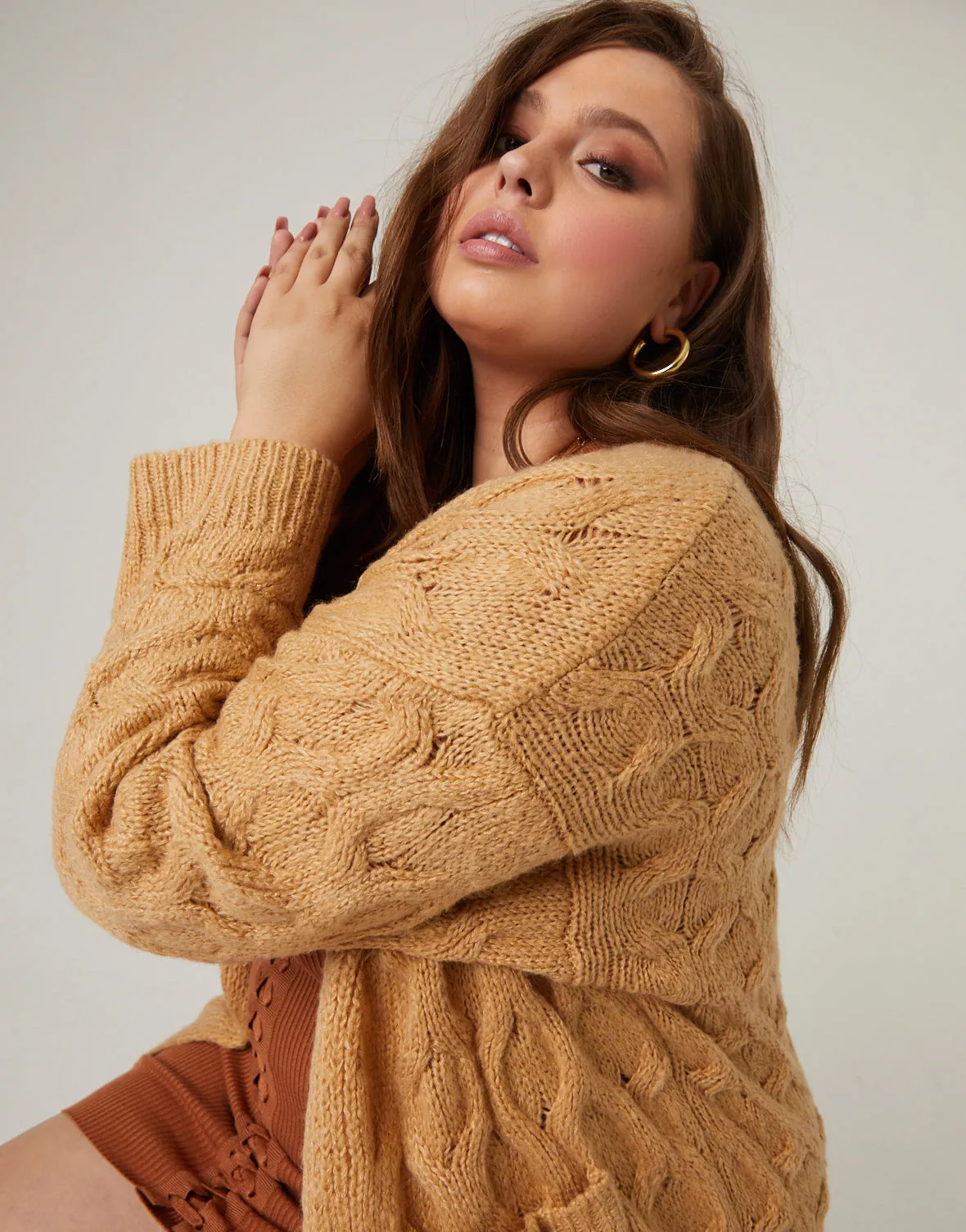 Plus Size Long Cable Knit Cardigan