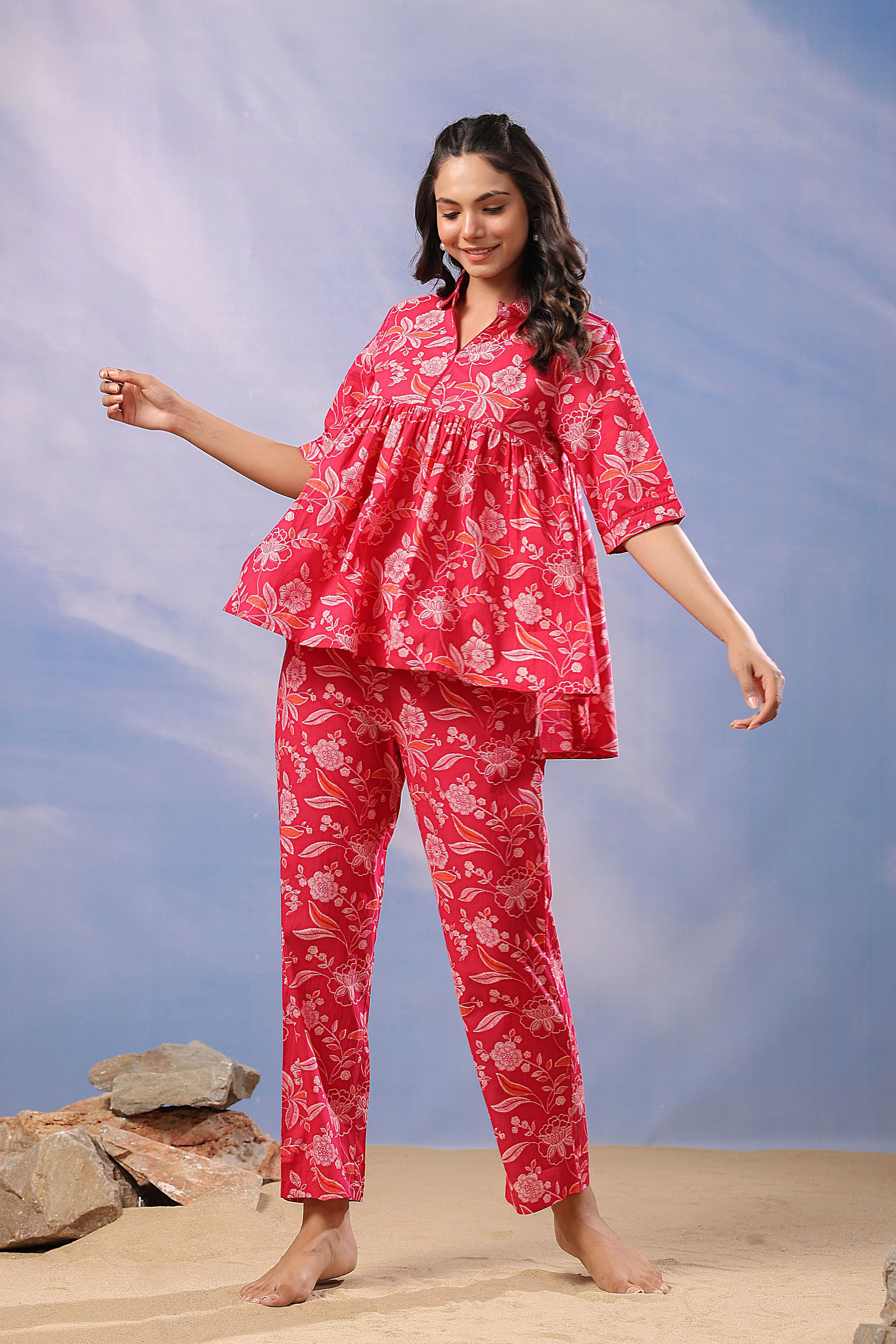 Red Velvet Cotton Loungewear Top Set