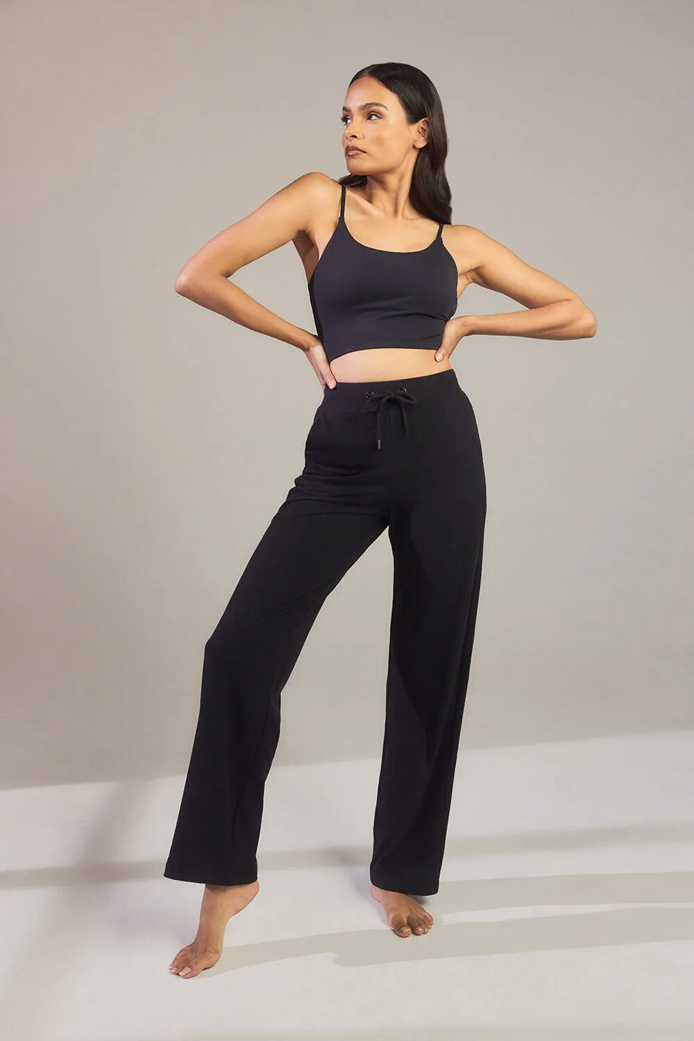 Ribbed Wide Leg Trousers - Black