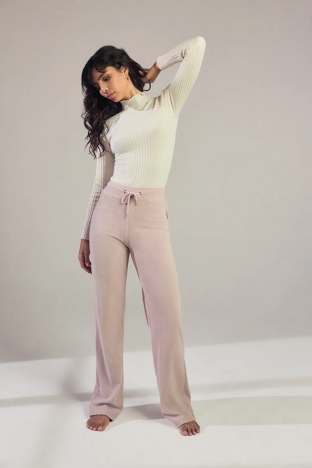 Ribbed Wide Leg Trousers - Pink