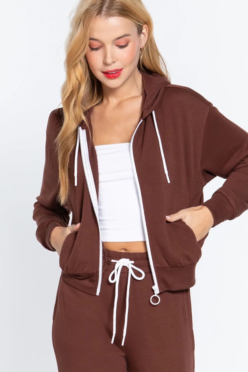 Sepia Brown Fleece Lined Zip Up Hoodies Casual Hooded French Terry Jacket Sweatshirts