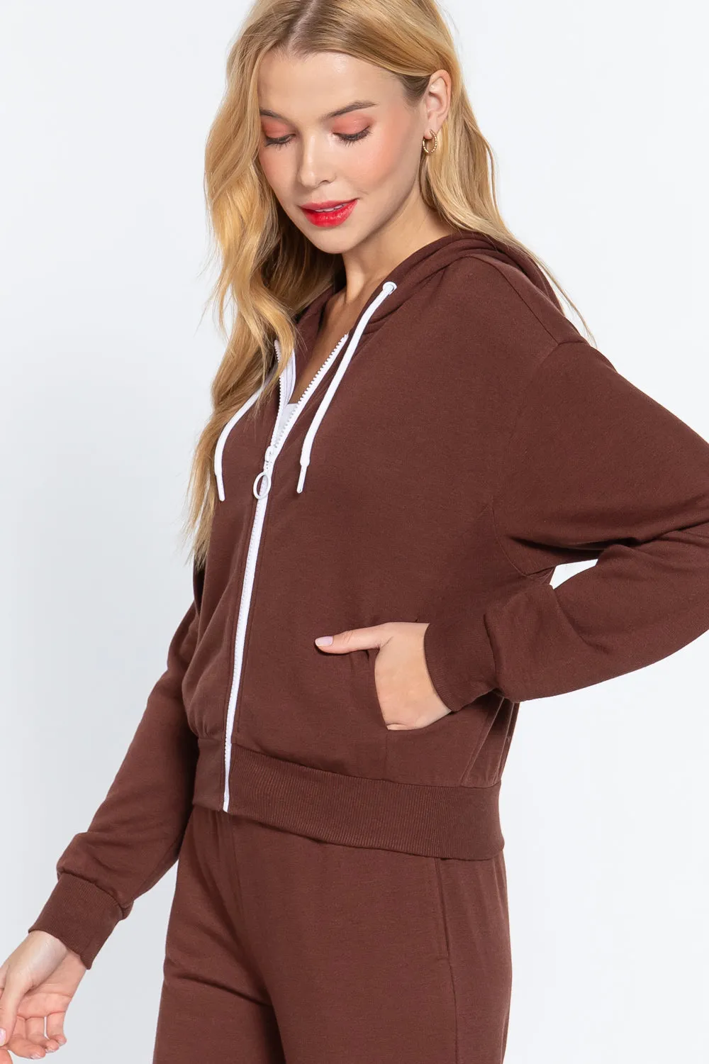 Sepia Brown Fleece Lined Zip Up Hoodies Casual Hooded French Terry Jacket Sweatshirts