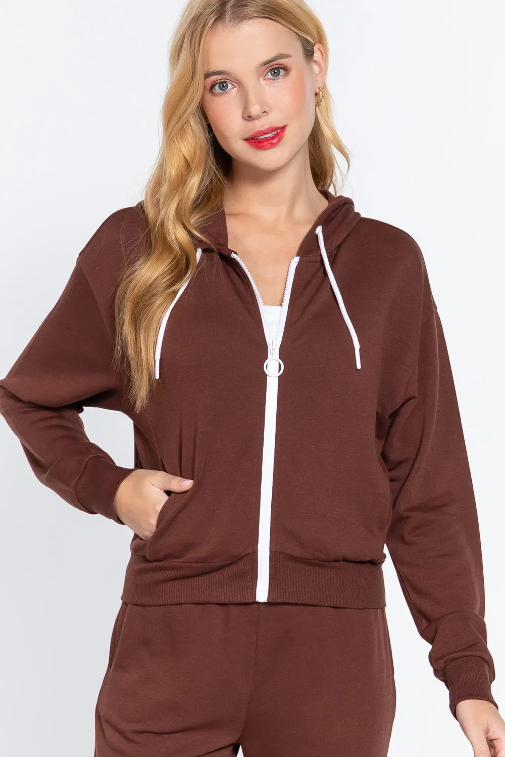 Sepia Brown Fleece Lined Zip Up Hoodies Casual Hooded French Terry Jacket Sweatshirts