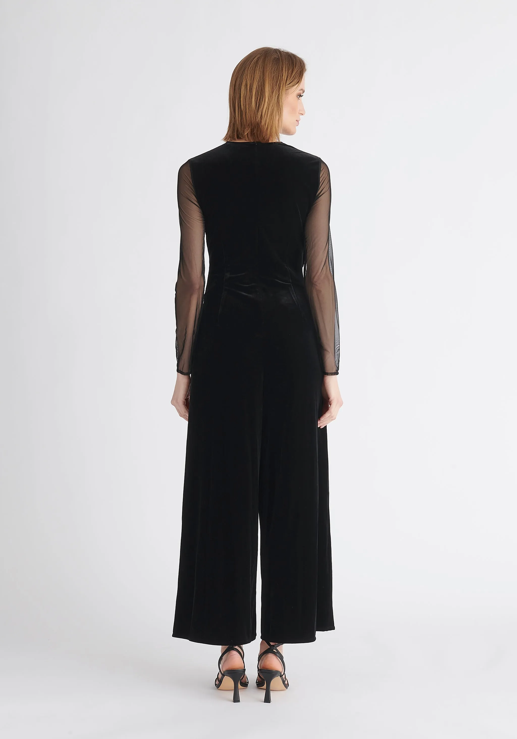 Sheer Sleeve Velvet Jumpsuit