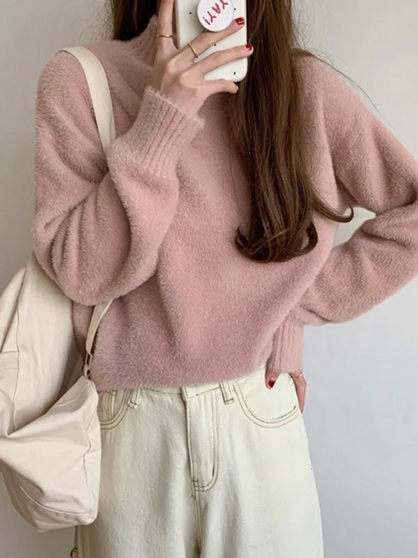 Solid Color Long Sleeves Loose Mock Neck Sweater Tops Pullovers