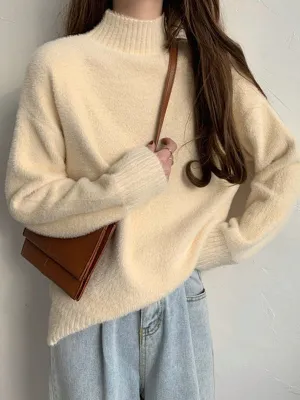 Solid Color Long Sleeves Loose Mock Neck Sweater Tops Pullovers