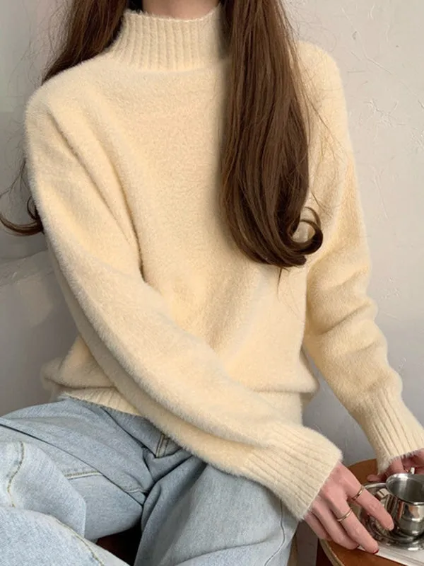 Solid Color Long Sleeves Loose Mock Neck Sweater Tops Pullovers