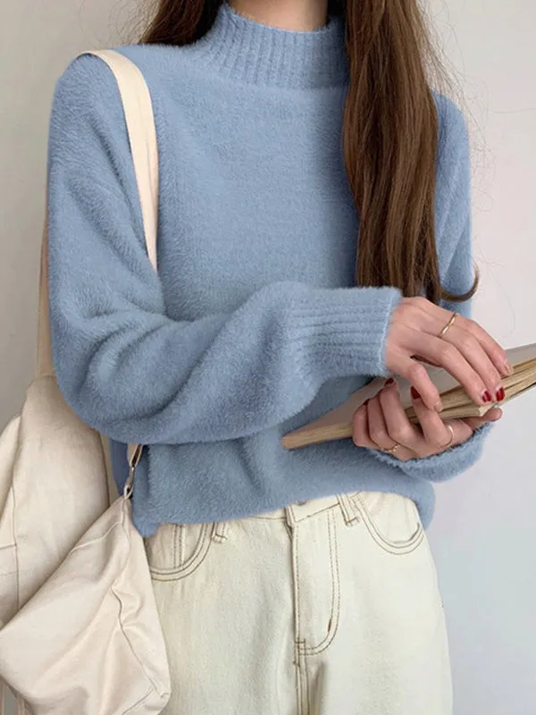 Solid Color Long Sleeves Loose Mock Neck Sweater Tops Pullovers