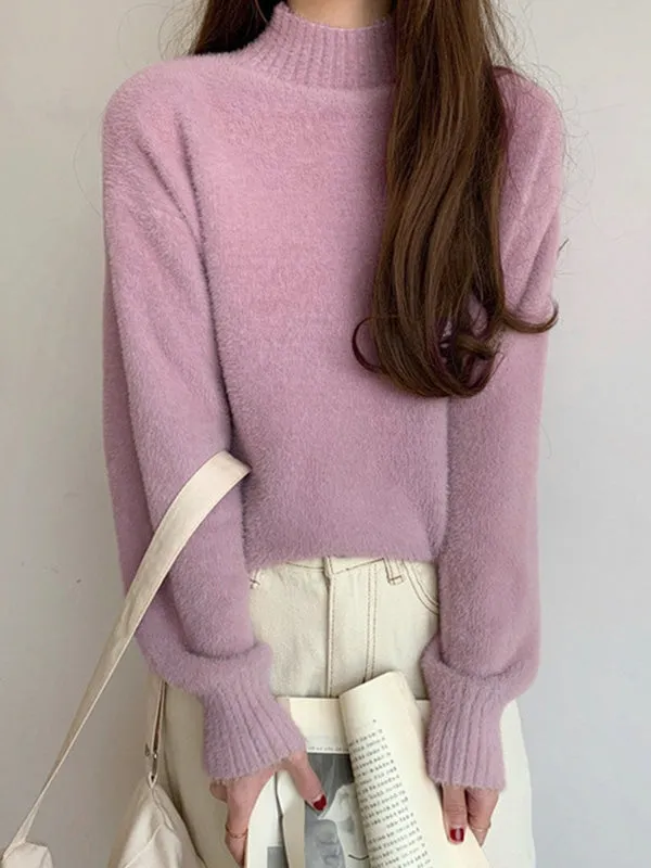 Solid Color Long Sleeves Loose Mock Neck Sweater Tops Pullovers