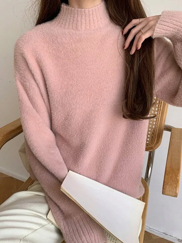 Solid Color Long Sleeves Loose Mock Neck Sweater Tops Pullovers