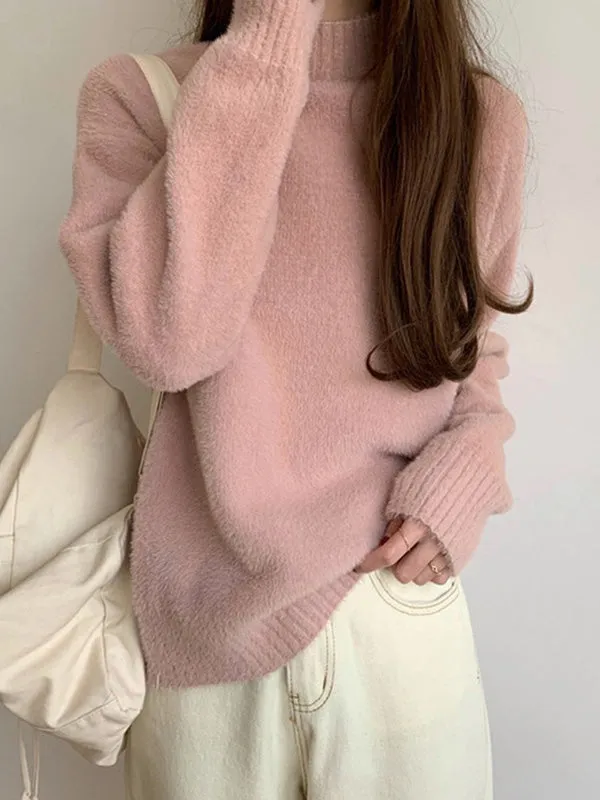 Solid Color Long Sleeves Loose Mock Neck Sweater Tops Pullovers