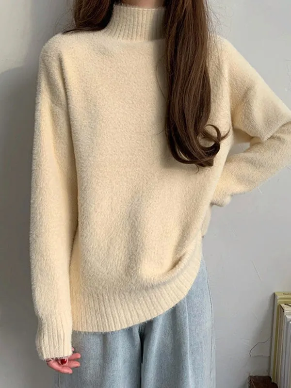 Solid Color Long Sleeves Loose Mock Neck Sweater Tops Pullovers