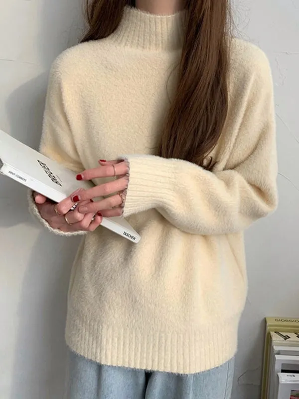 Solid Color Long Sleeves Loose Mock Neck Sweater Tops Pullovers