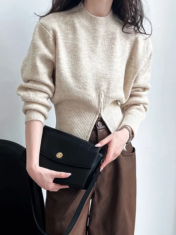 Solid Color Zipper Long Sleeves Loose Mock Neck Sweater Tops Pullovers