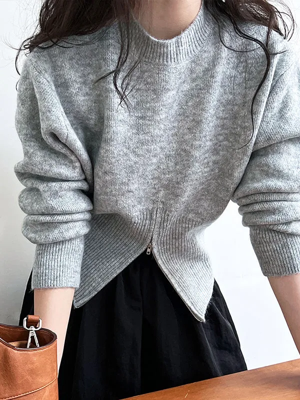 Solid Color Zipper Long Sleeves Loose Mock Neck Sweater Tops Pullovers