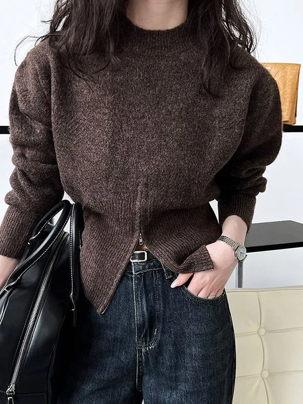 Solid Color Zipper Long Sleeves Loose Mock Neck Sweater Tops Pullovers