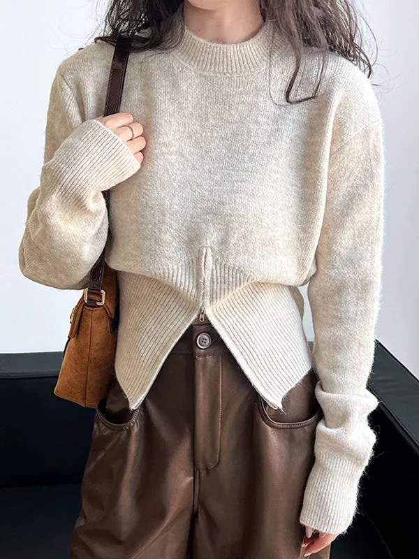 Solid Color Zipper Long Sleeves Loose Mock Neck Sweater Tops Pullovers