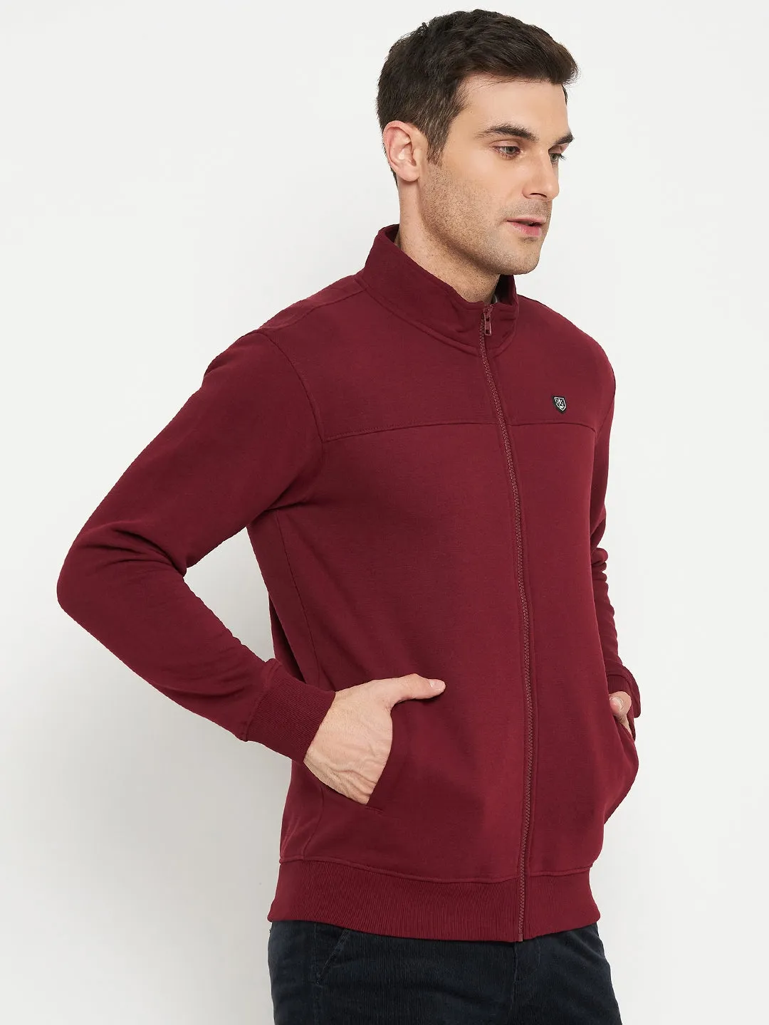 Solid Maroon Full Sleeves Mock Collar Regular Fit Casual Sweatshirt for Men