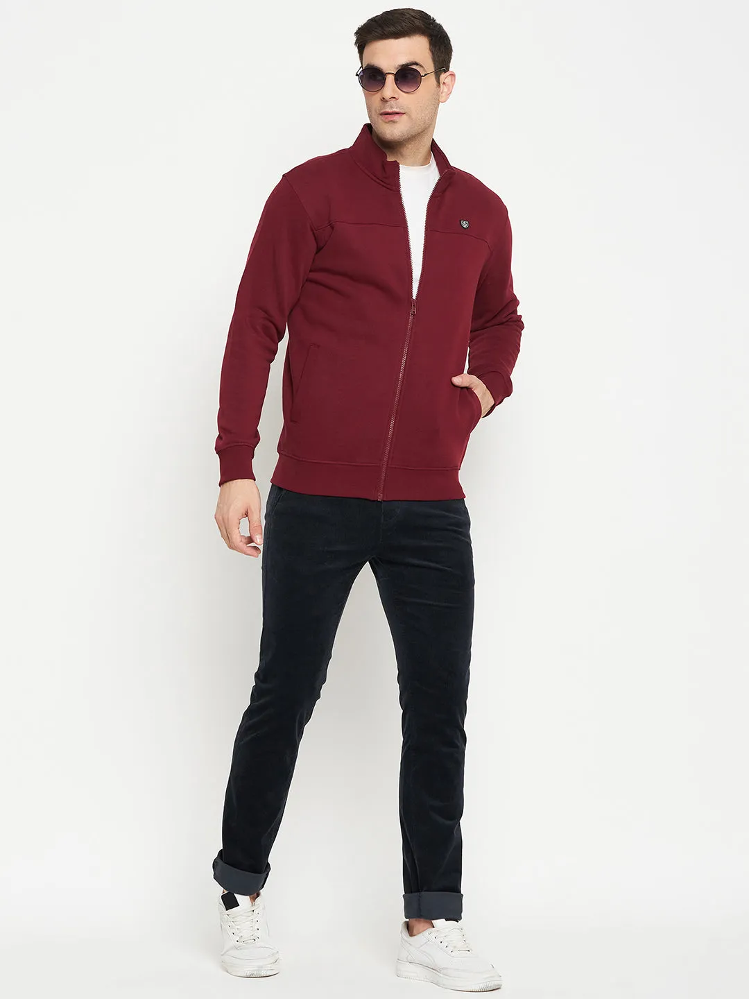 Solid Maroon Full Sleeves Mock Collar Regular Fit Casual Sweatshirt for Men