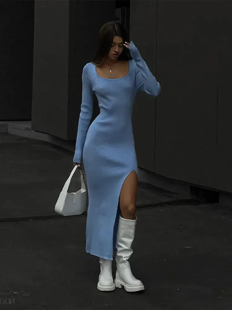 Square Neck Knitted Midi Dress