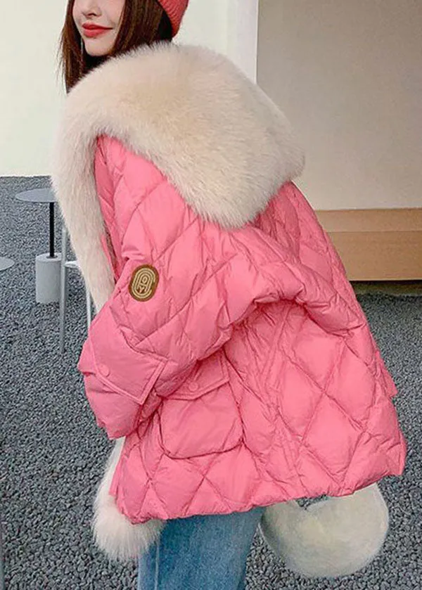 Stylish Pink Fox Hair Sailor Collar Pockets Fine Cotton Filled Puffers Jackets Winter