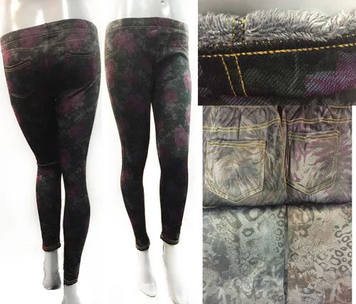 thick faux fur lined patterned leggings Case of 12