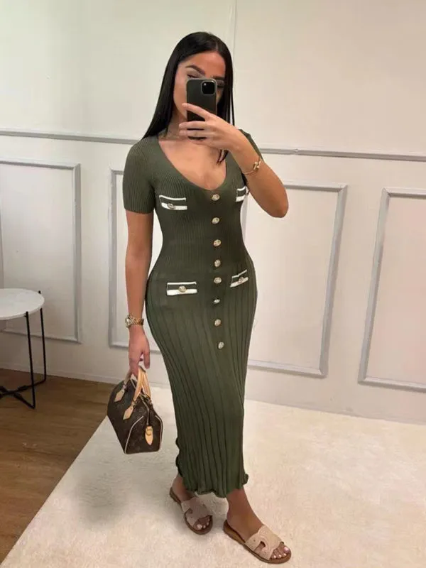 Trendy Fall Ribbed Knit Midi Dress with Button Details