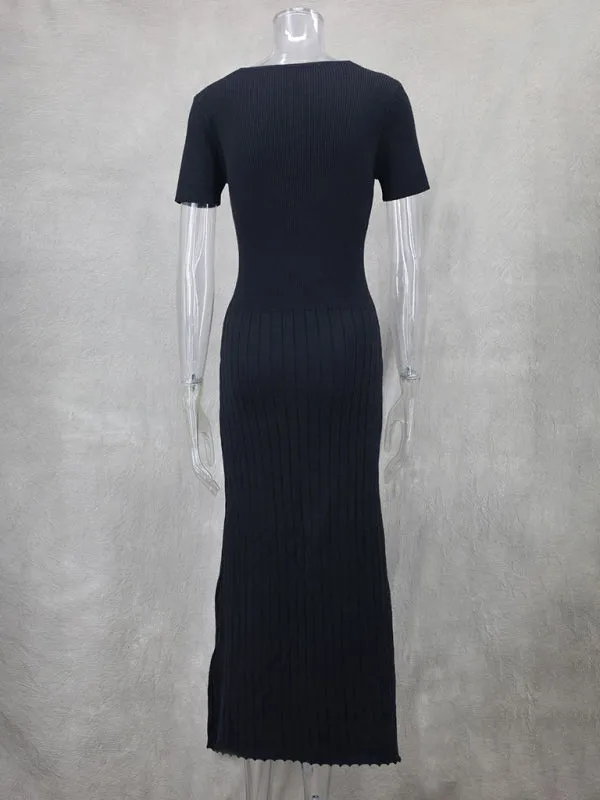 Trendy Fall Ribbed Knit Midi Dress with Button Details