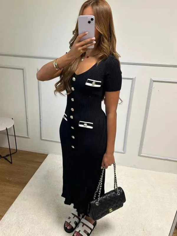 Trendy Fall Ribbed Knit Midi Dress with Button Details