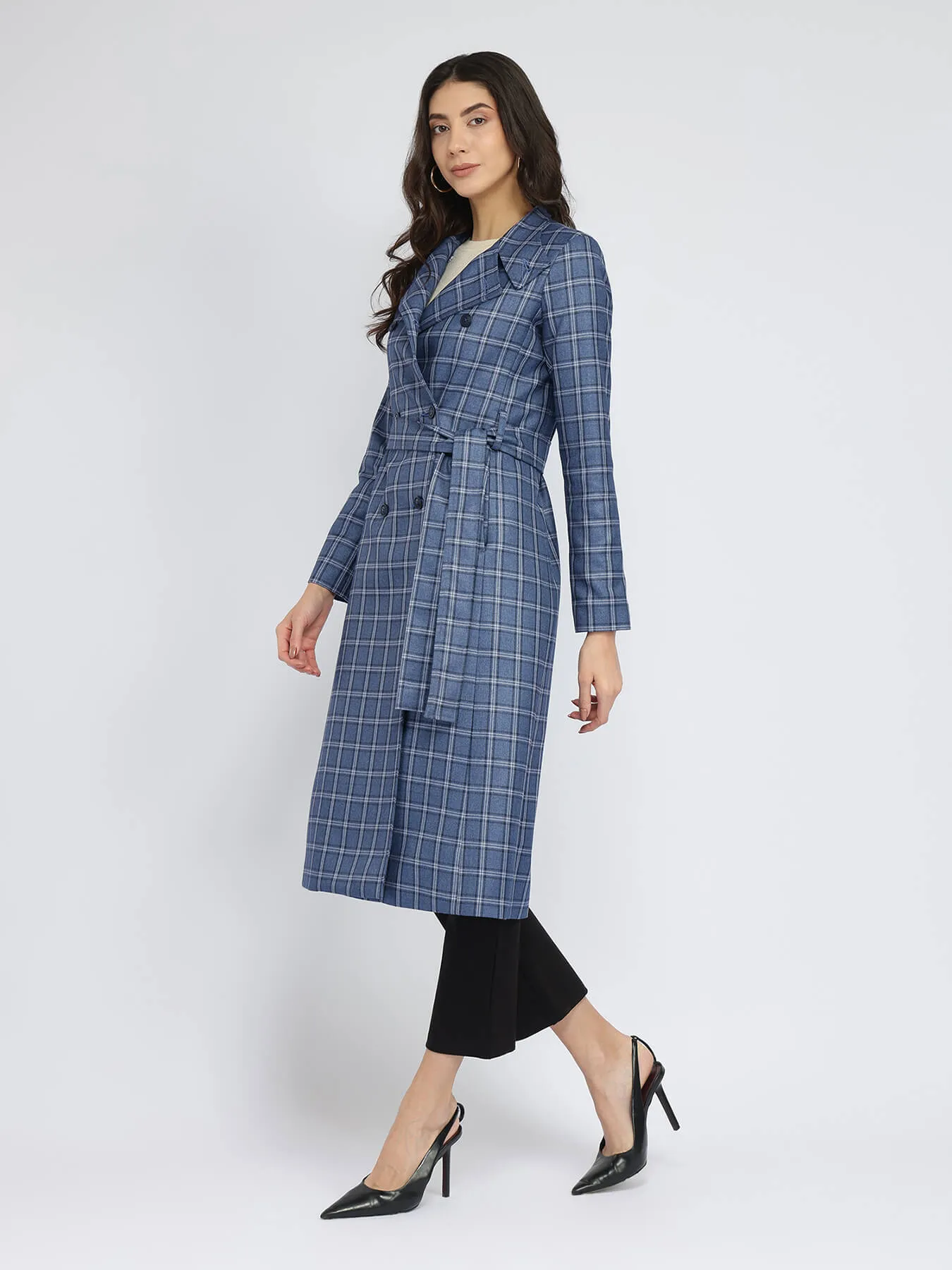 Tweed Wool longline Overcoat - Blue And Grey