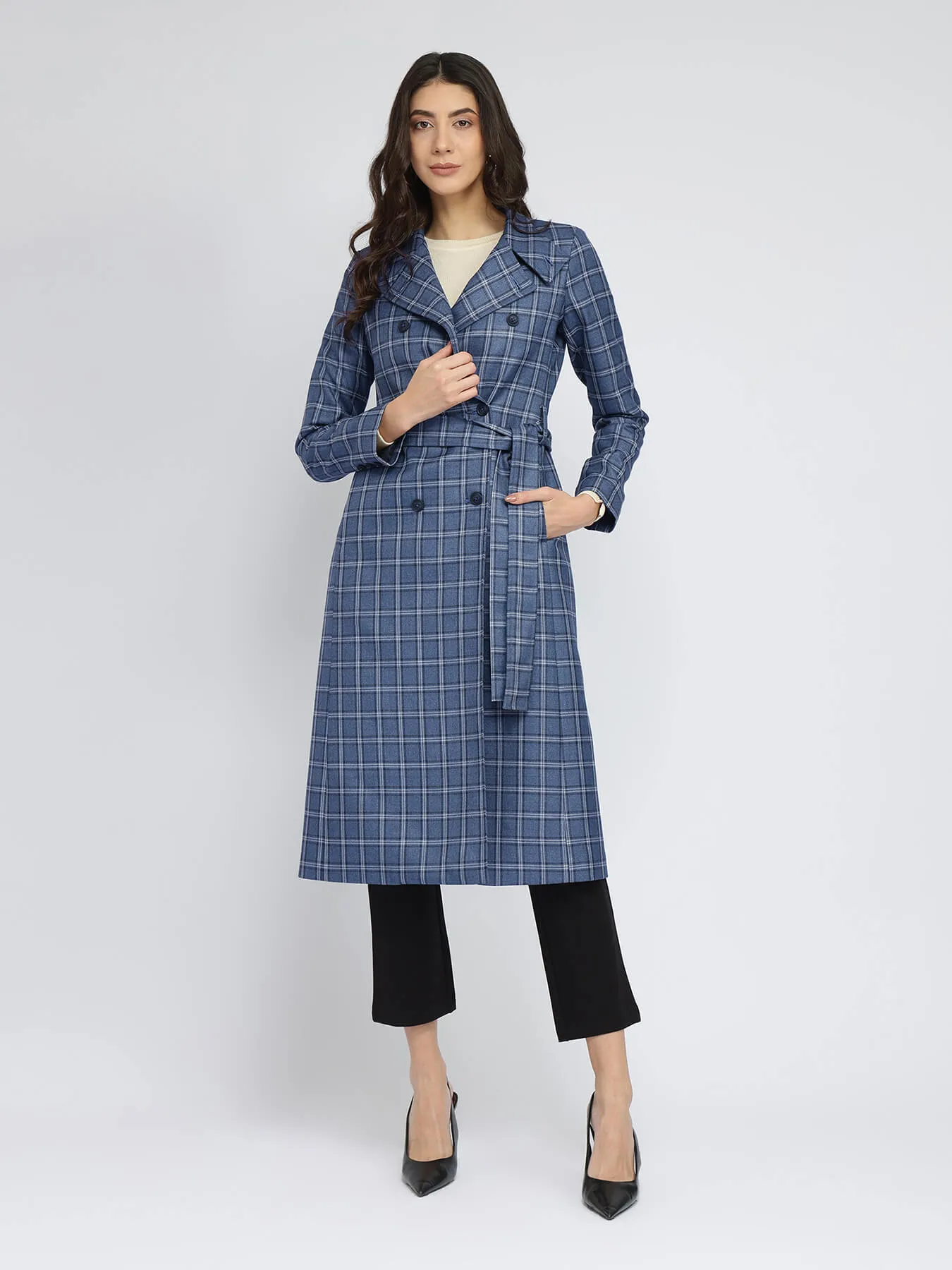 Tweed Wool longline Overcoat - Blue And Grey