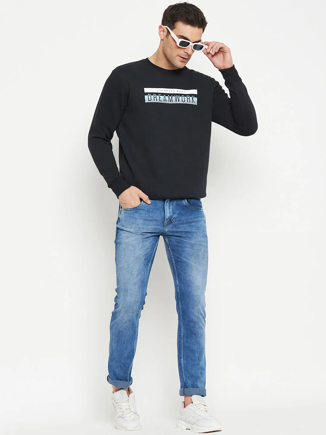 Typography Printed Navy Blue Full Sleeves Round Neck Regular Fit Casual Sweatshirt for Men