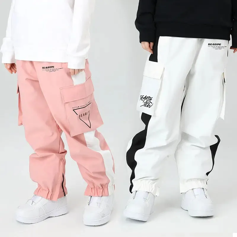 Unisex Striped Tape Ski Cargo Jogger Pants With Logo Print Pocket