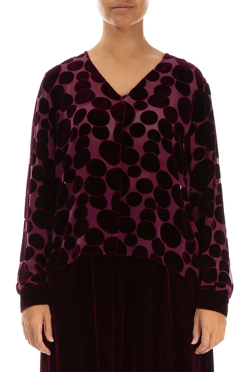 V-Neck Devoré Bubbles Magenta Silk Velvet Blouse