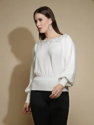 White Embellished Bishop Sleeve Boat Neck Polyester Blend Pullover Sweater