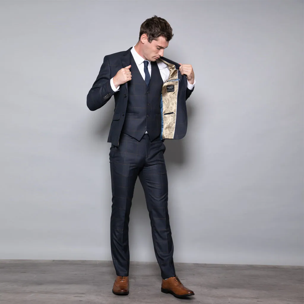 Winston Slim Fit Navy and Yellow Check Three Piece Suit