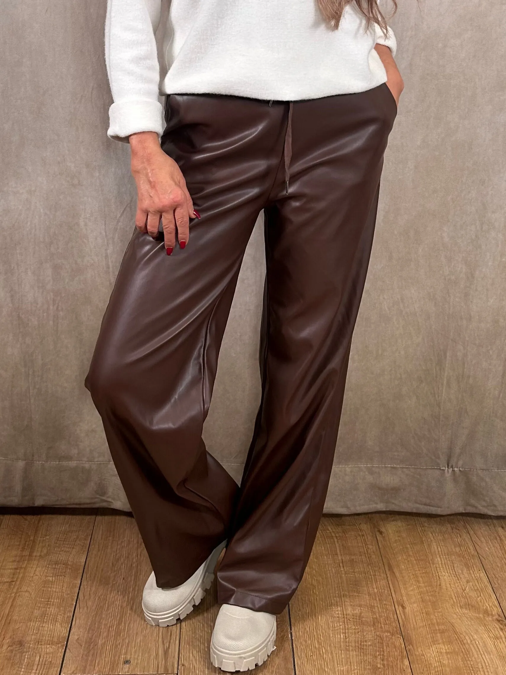 Winter Wide Leg Leather Trousers