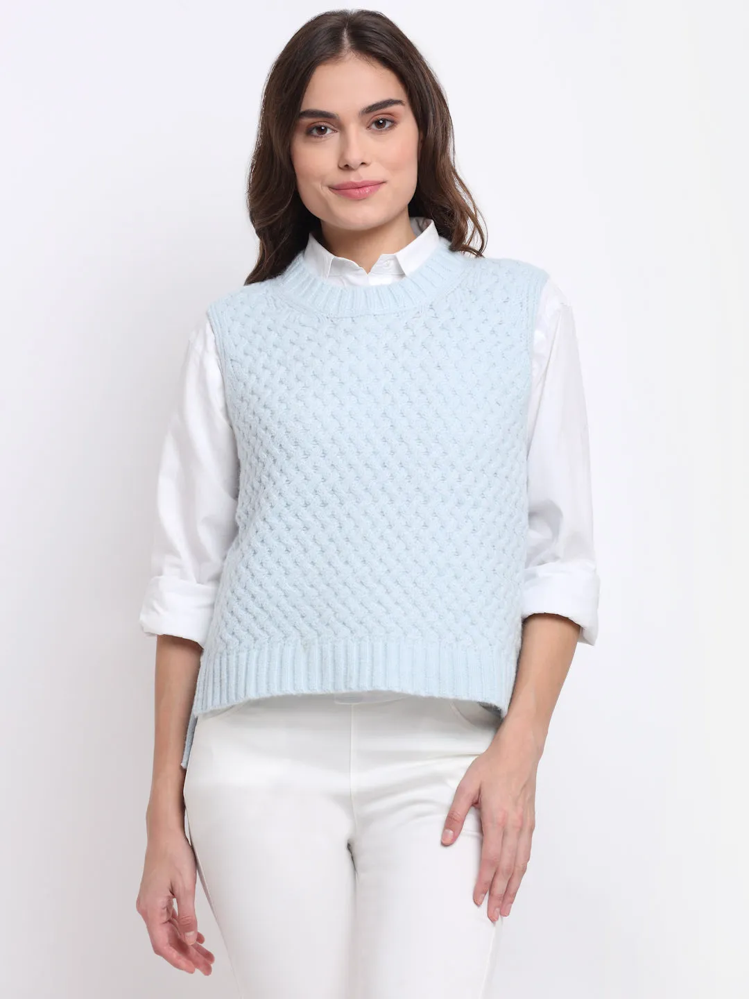 Women Blue Round Neck Sleeveless Knit Pullover