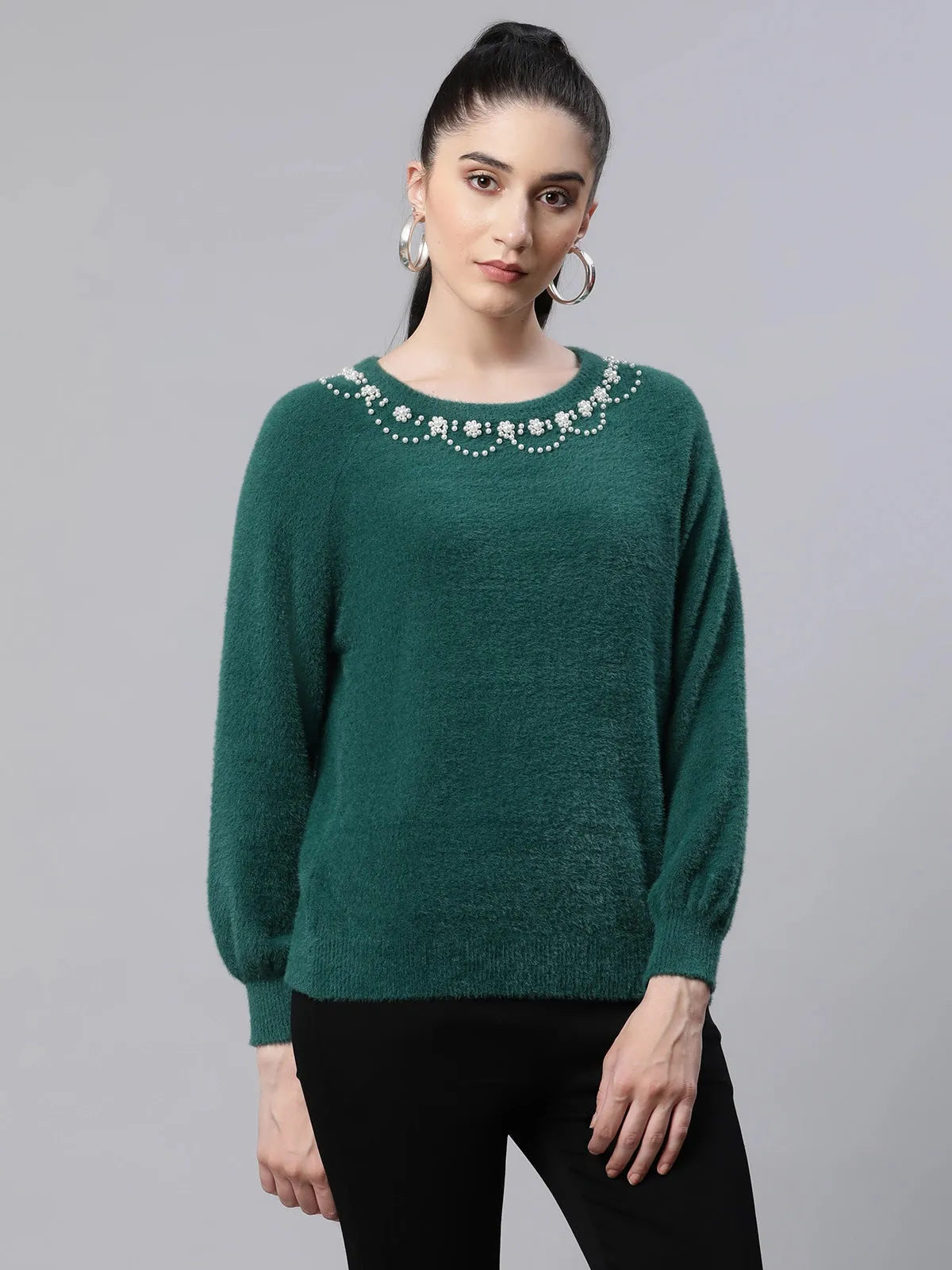 Women Embellished Green Woolen Loose Fit Casual Pullover