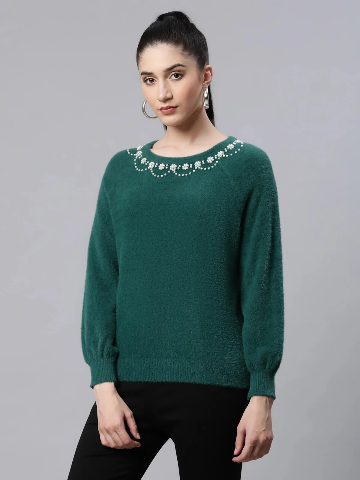 Women Embellished Green Woolen Loose Fit Casual Pullover