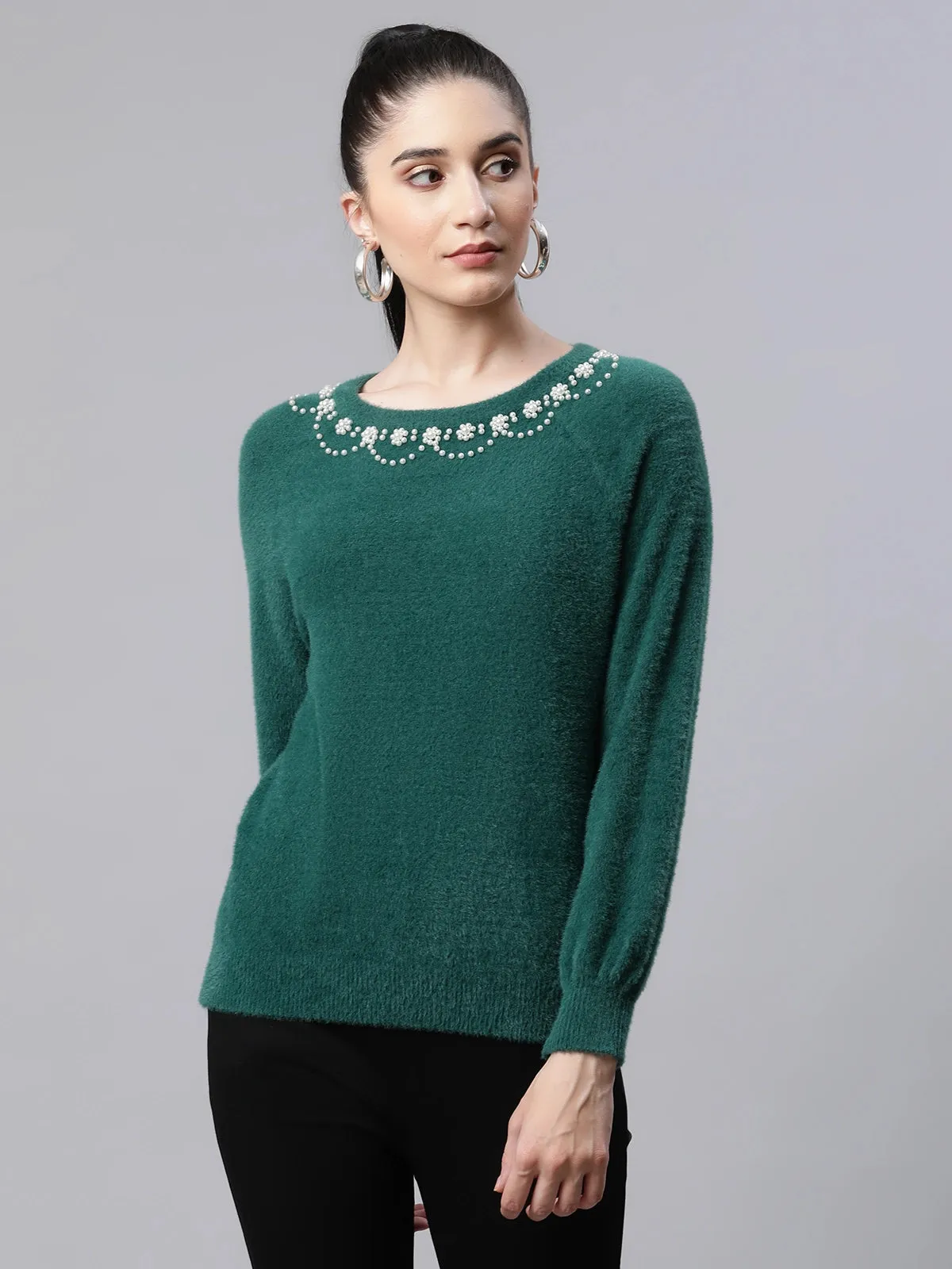 Women Embellished Green Woolen Loose Fit Casual Pullover