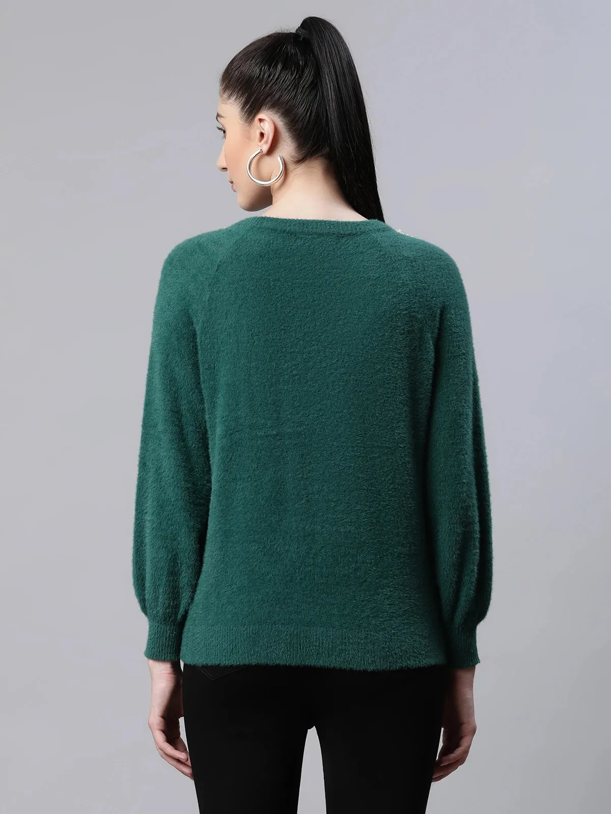 Women Embellished Green Woolen Loose Fit Casual Pullover