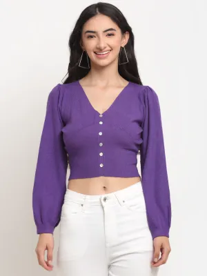 Women Purple V-Neck Knit Regular Fit Cropped Pullover