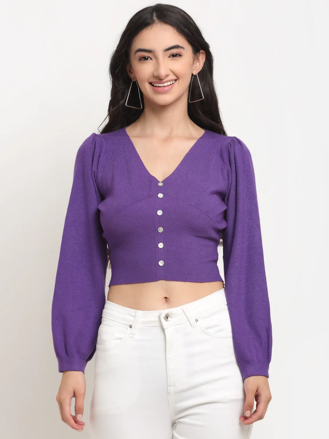 Women Purple V-Neck Knit Regular Fit Cropped Pullover