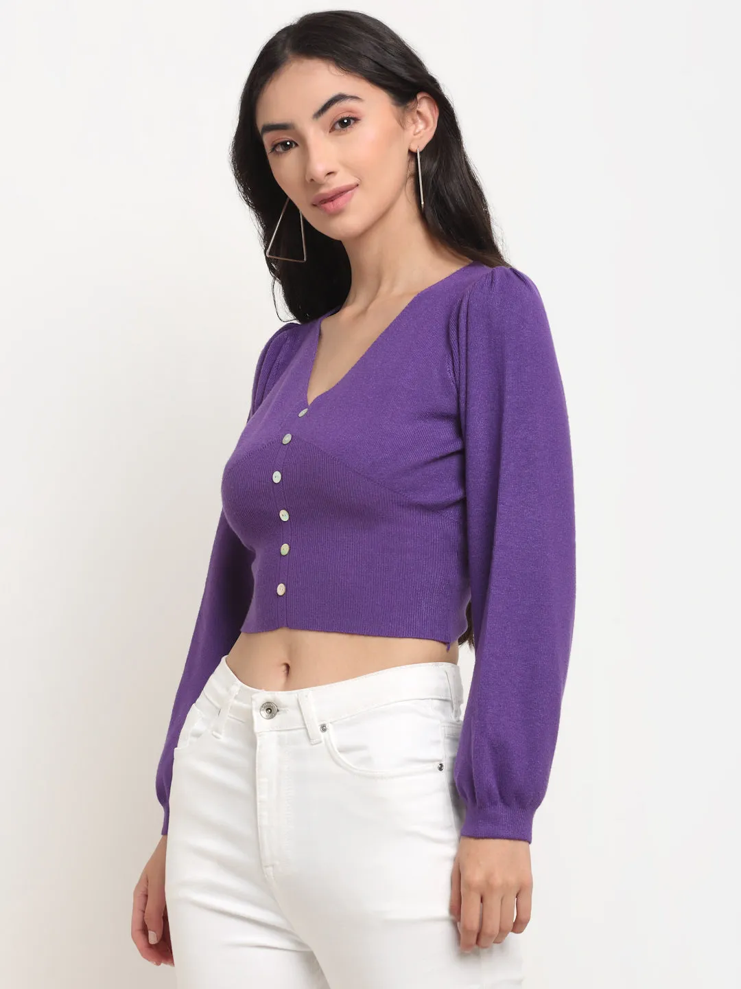 Women Purple V-Neck Knit Regular Fit Cropped Pullover