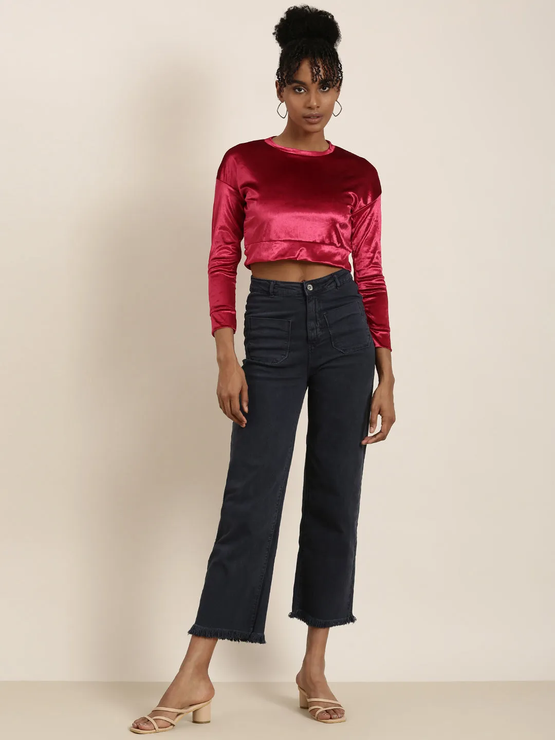 Women Red Solid Blouson Crop Top