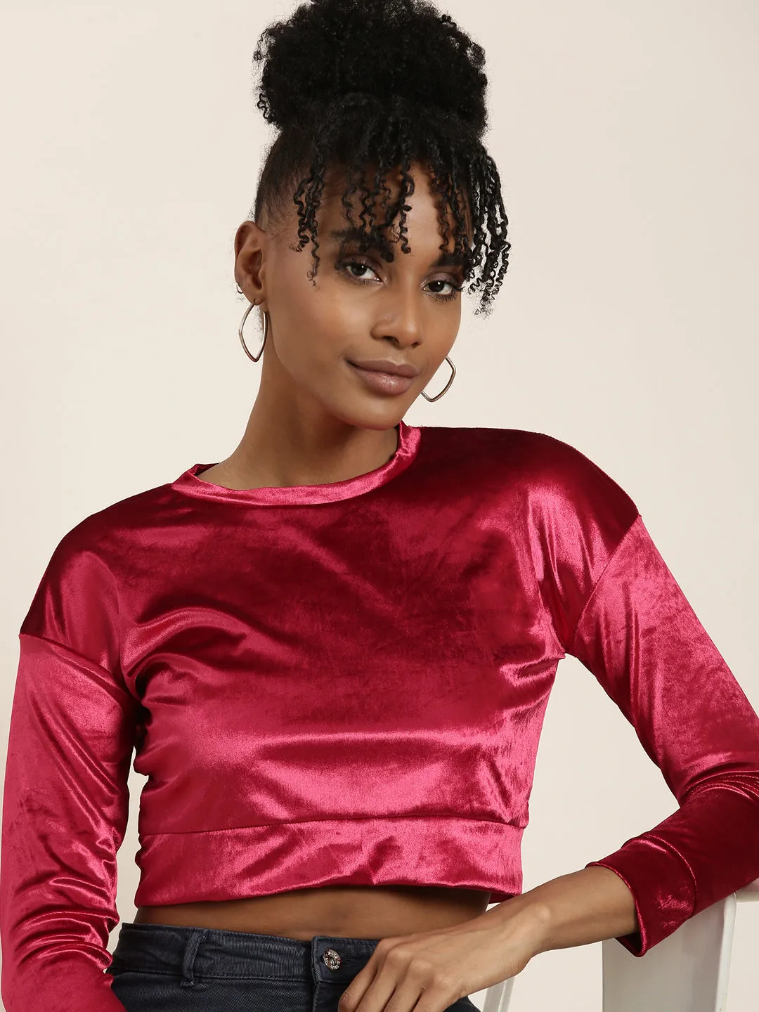 Women Red Solid Blouson Crop Top