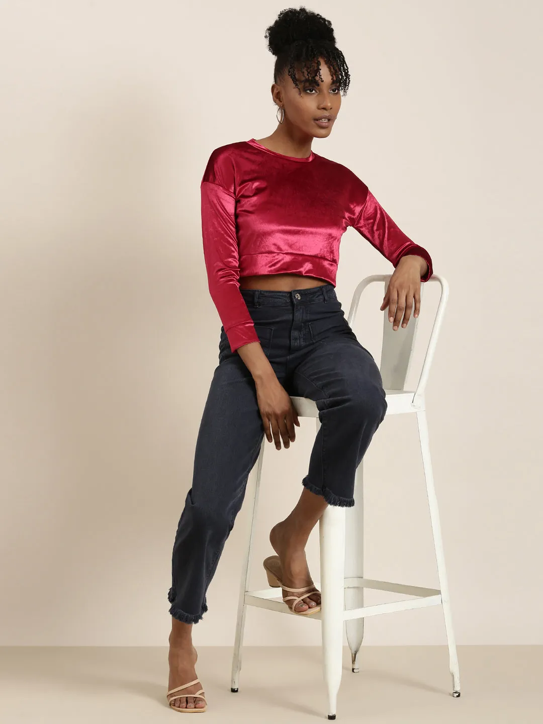 Women Red Solid Blouson Crop Top