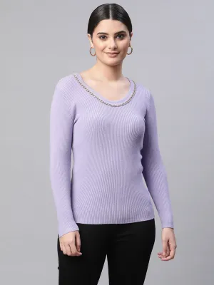 Women Round Neck Lilac Regular Fit Knitted Pullover