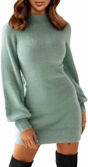 Women'S 2024 Mock Neck Ribbed Long Sleeve Bodycon Pullover Cute Mini Sweater Dress